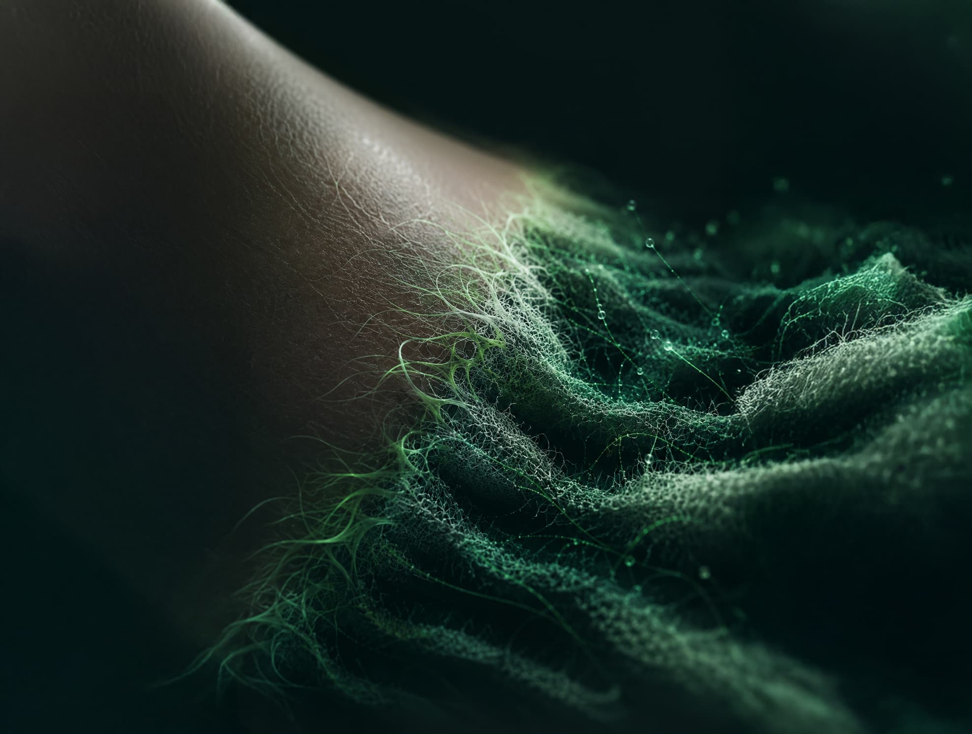 Macro view of living green biological filaments growing across skin.