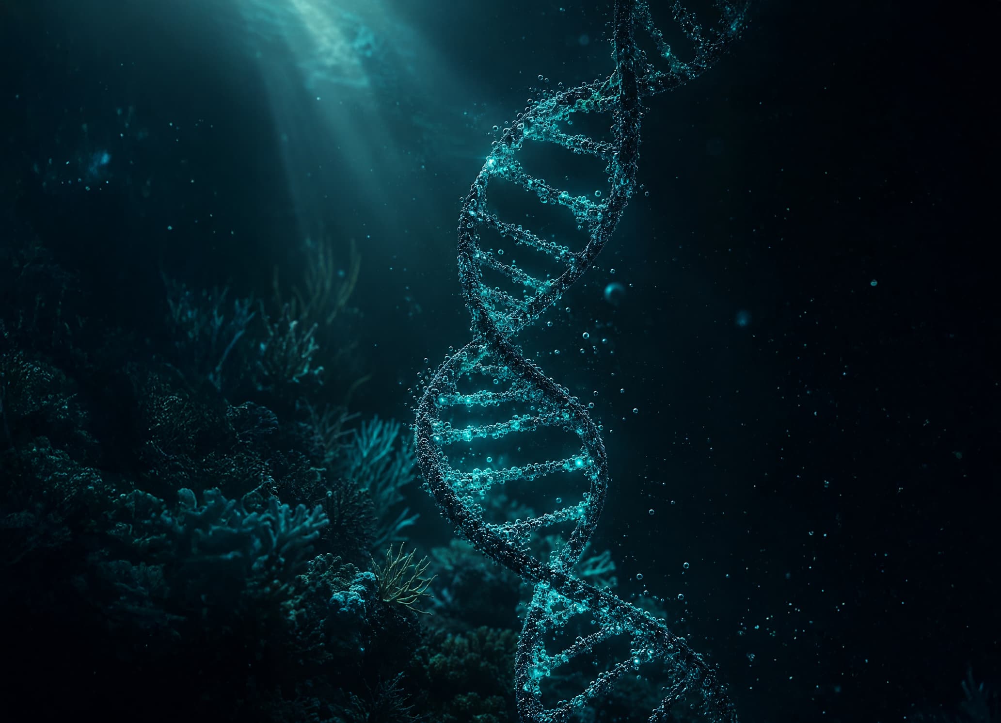 A luminous DNA double helix rising through deep underwater light.