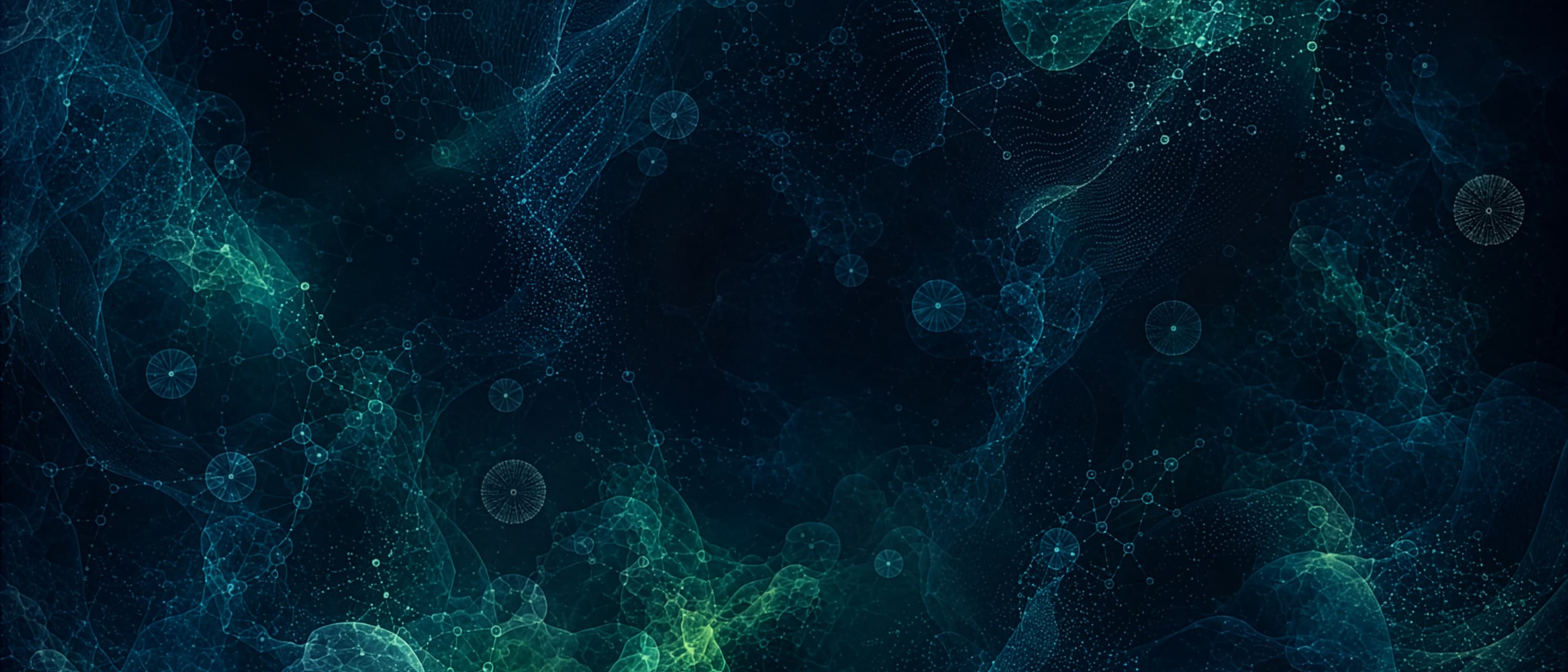 Abstract teal bioluminescent particles suspended in dark water.