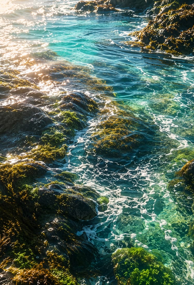 Sunlit ocean water washing over kelp-covered coastal rocks.