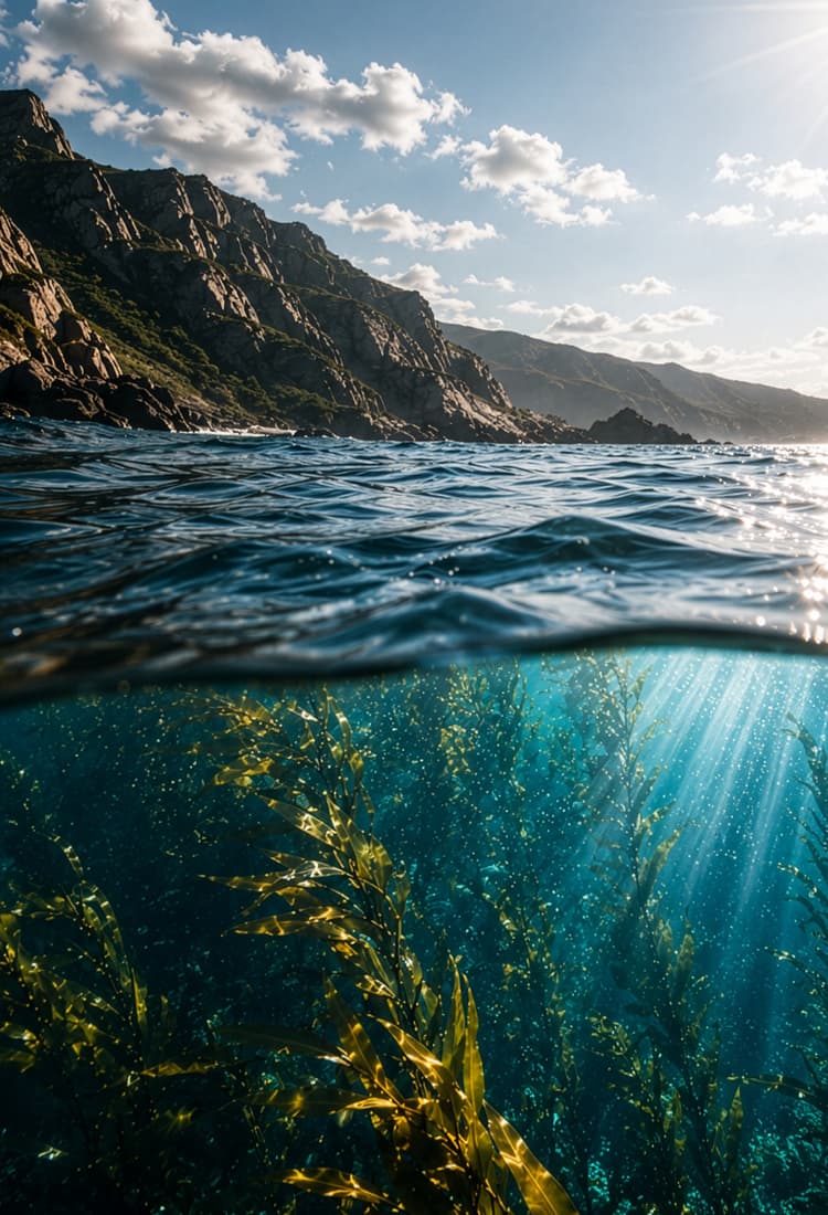 A rugged coastline meeting turquoise sea, with sunlit kelp swaying beneath the surface.